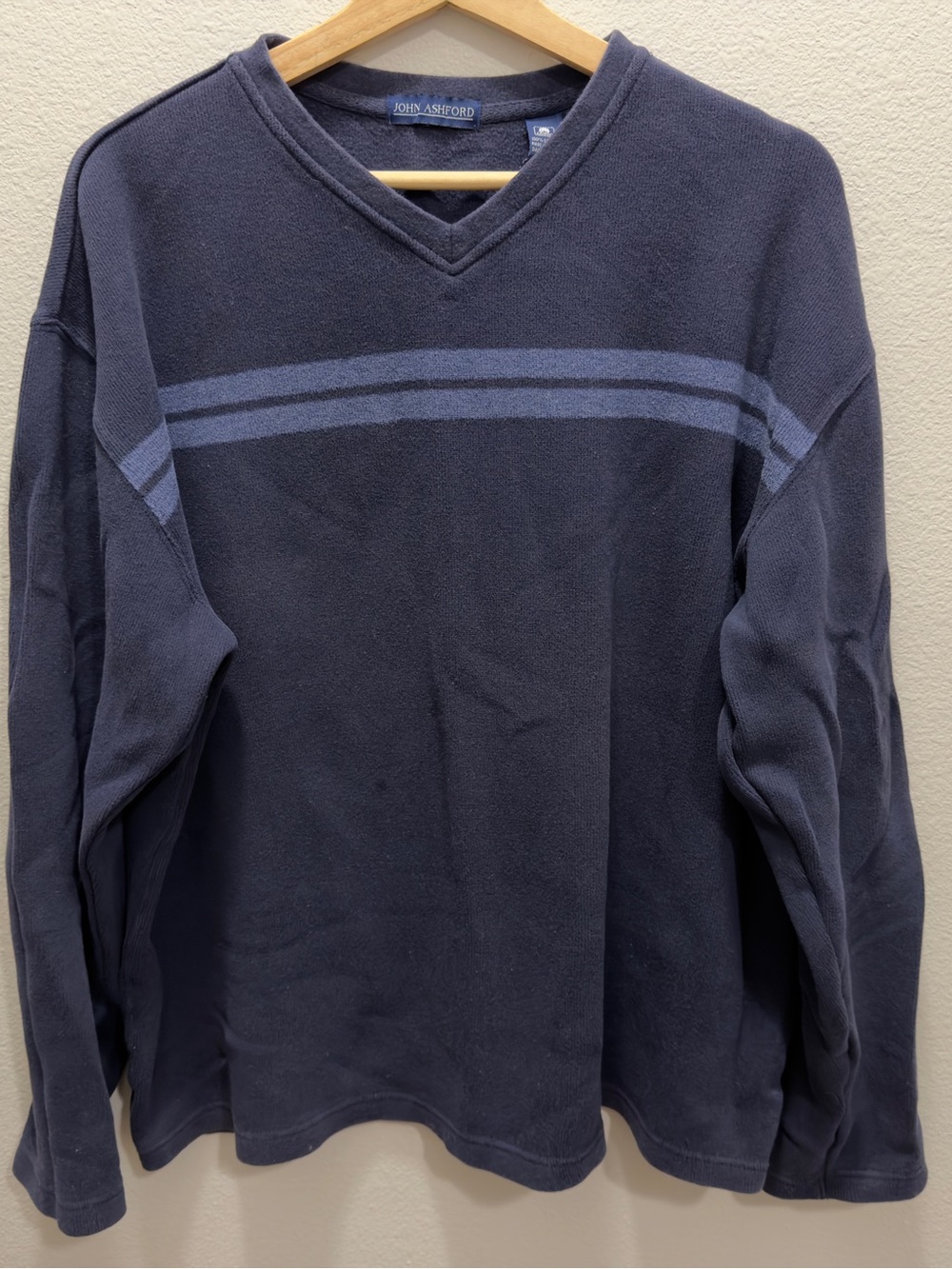 John Ashford Men's Dark Navy V-Neck Sweater with Light Blue Stripes
